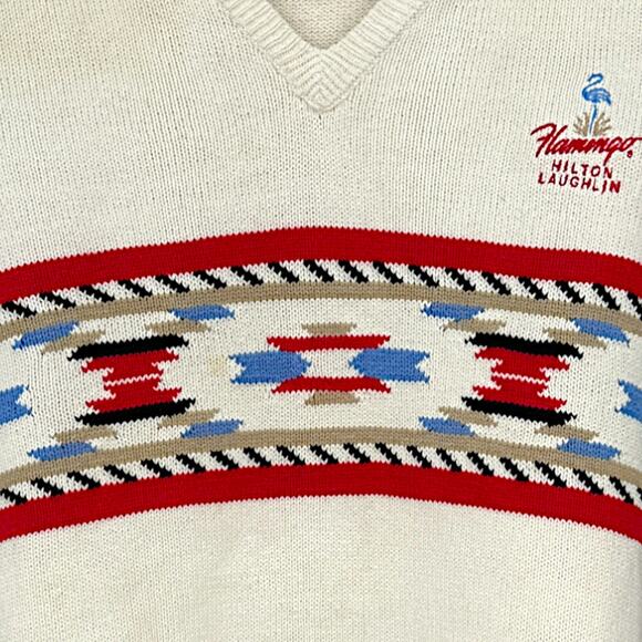 VINTAGE Flamingo Hilton Hotel Casino Laughlin Nevada V-Neck Southwest Sweater XL - Picture 3 of 6